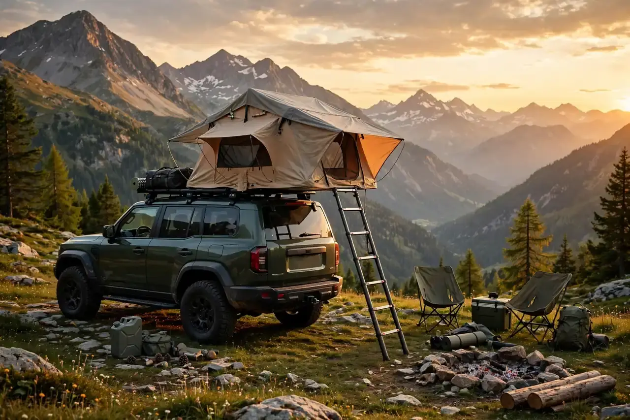 Dachzelt auf einem Auto in einer Berglandschaft in der Abendsonne