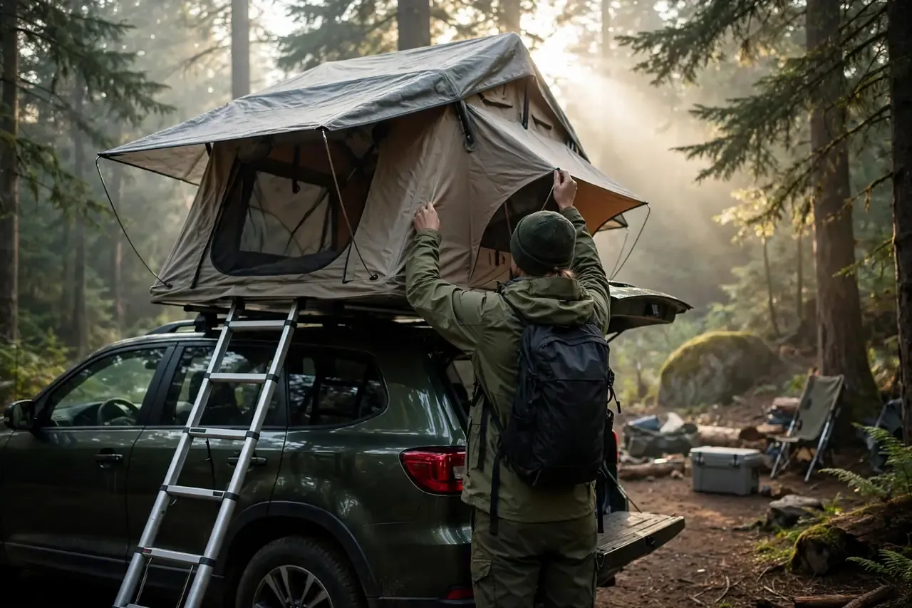 Person klappt ein Dachzelt auf einem Auto am Waldcampingplatz auf