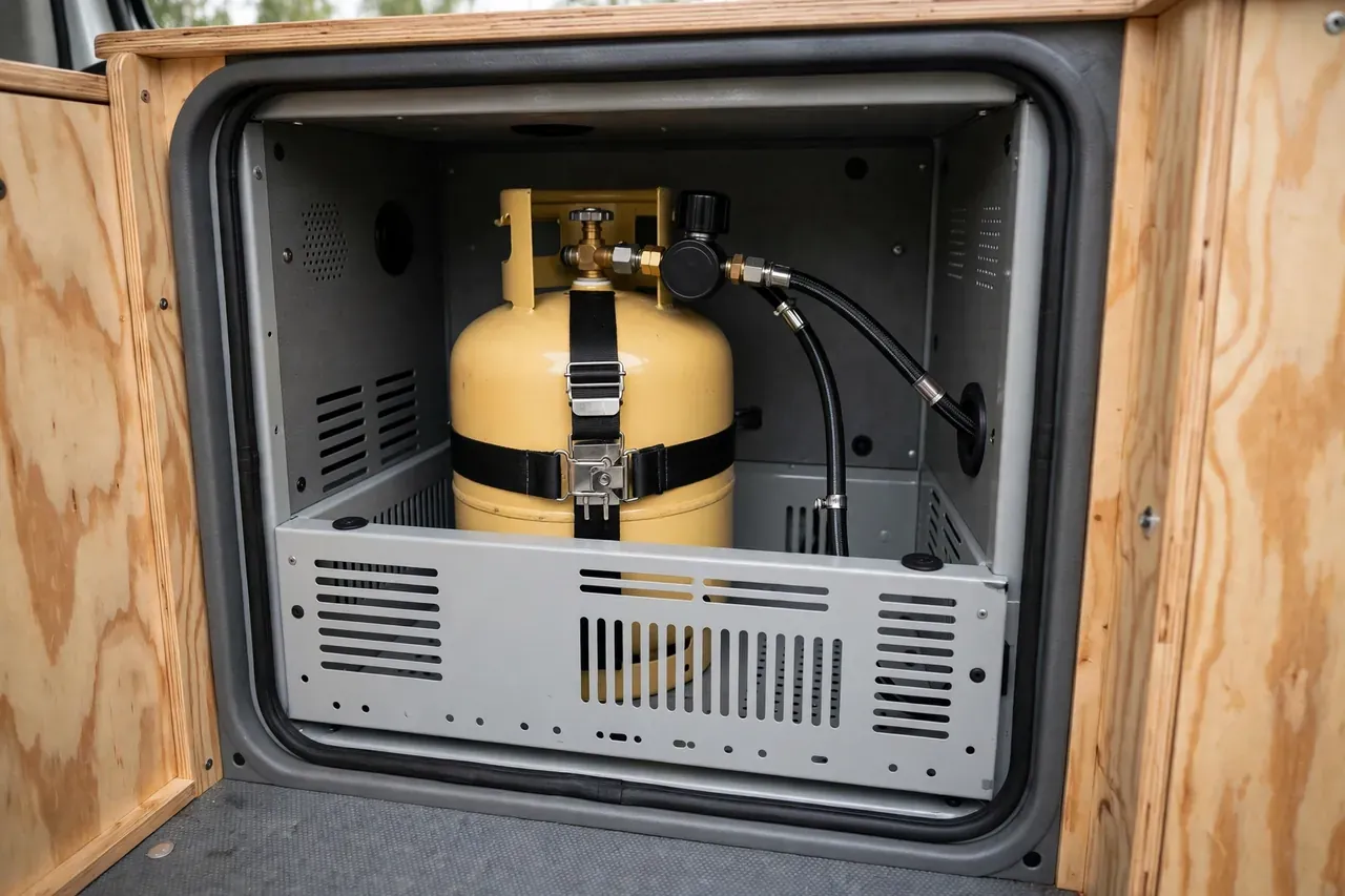 Gasflasche steht aufrecht und verzurrt mit Regler und Schlauch in einem belüfteten Gaskasten im Camper
