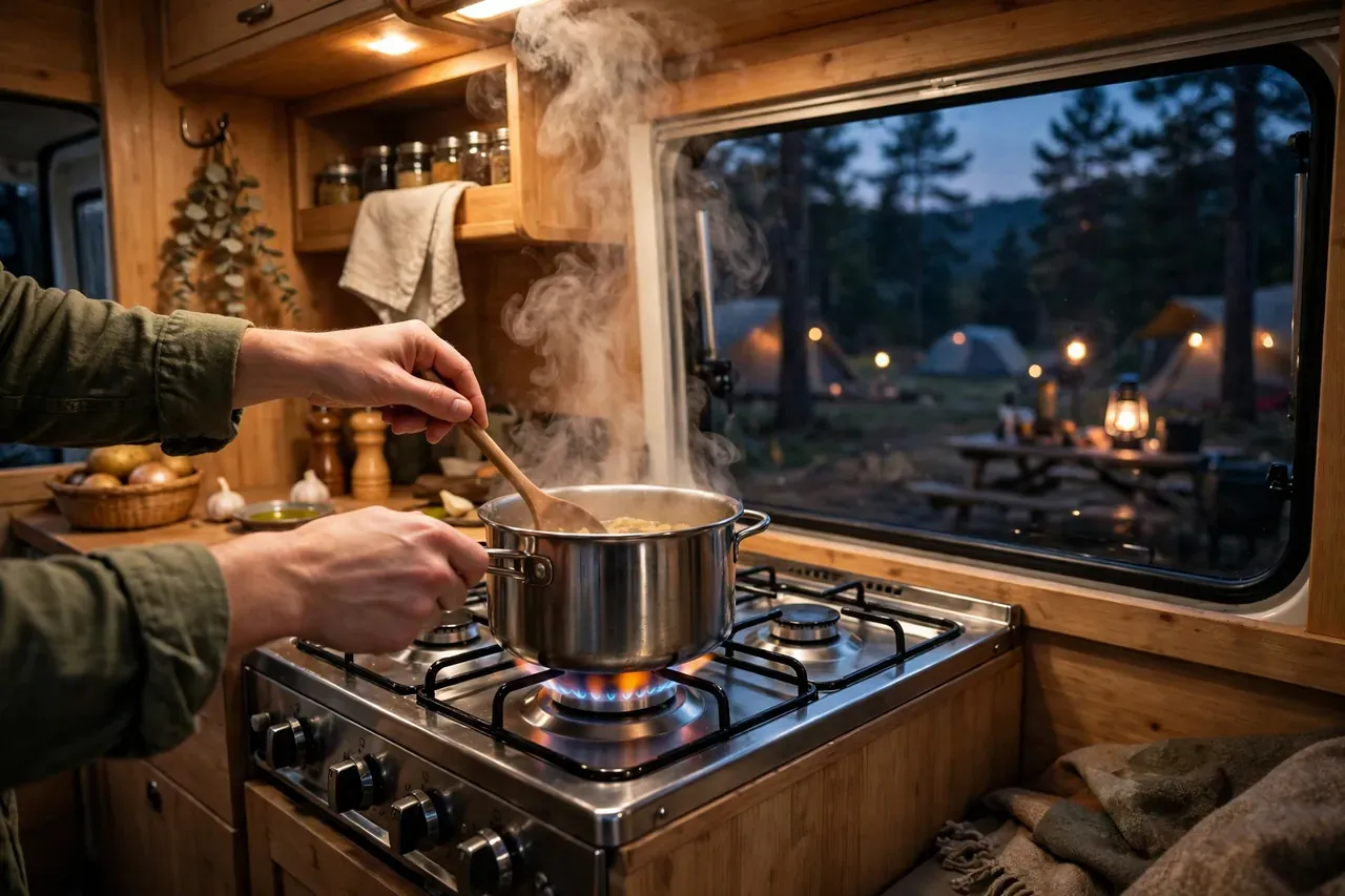 Kochen auf dem Einbau-Gaskocher im Camper am Abend, Hände rühren in einem dampfenden Topf