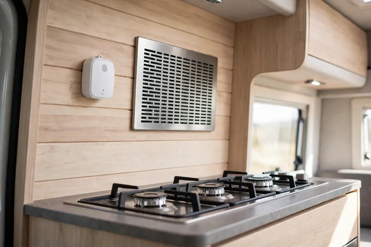 CO-Warner und Lüftungsgitter an der Wand über einem Gas-Kochfeld in der Camper-Küche