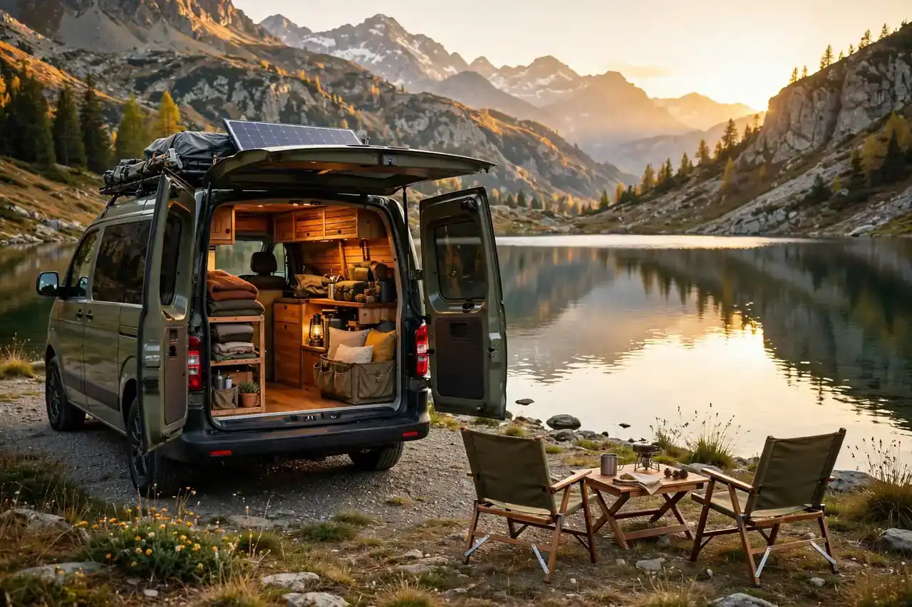 Selbst ausgebauter Camper an einem See in den Bergen