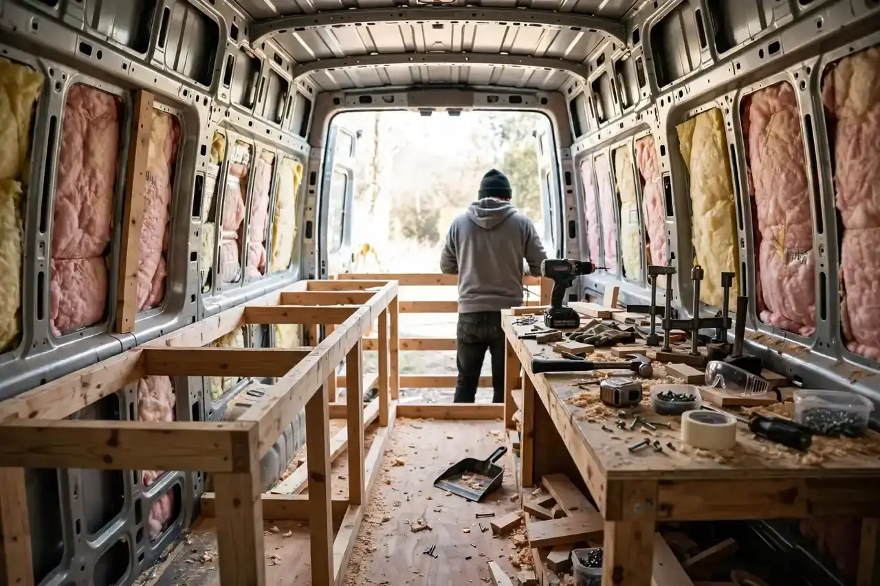 Selbst ausgebauter Camper mit geöffneter Hecktür und Holzmöbeln