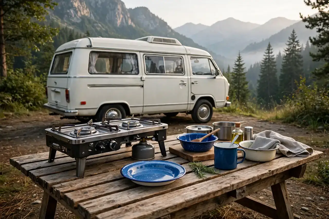 Campingkocher und Geschirr auf einem Holztisch vor einem Camper