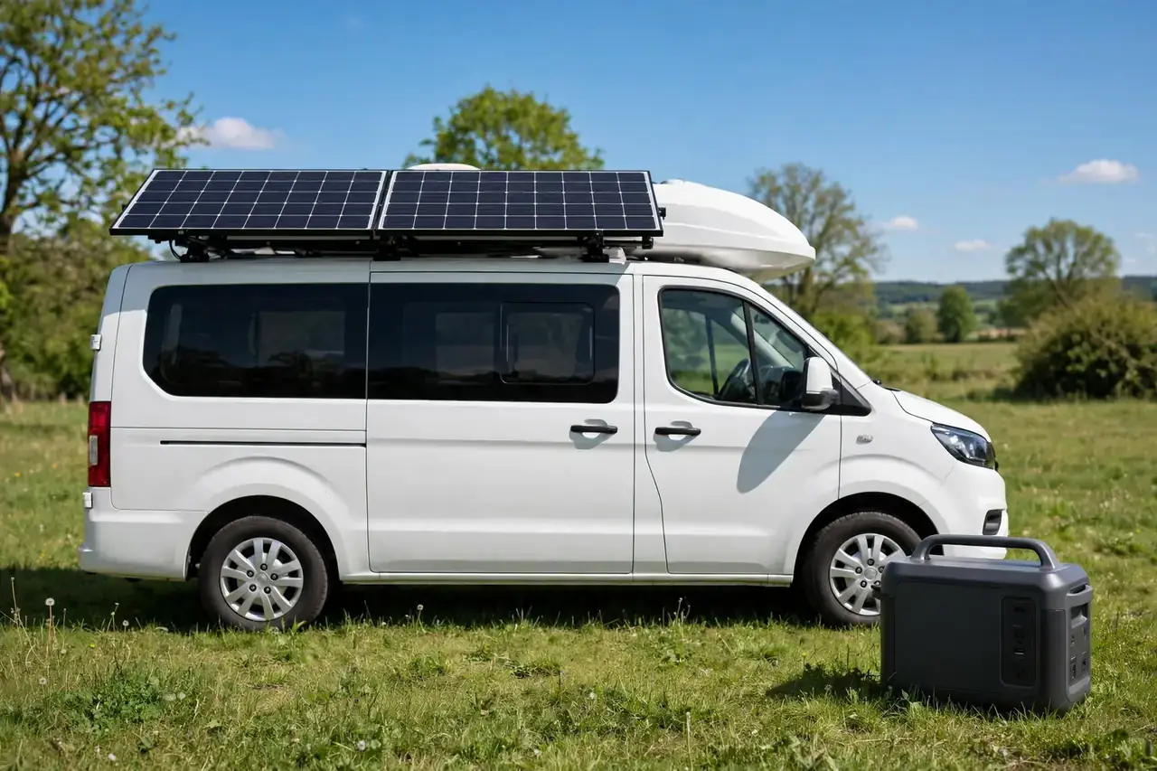 Solarpanel auf einem Camperdach und Powerstation daneben