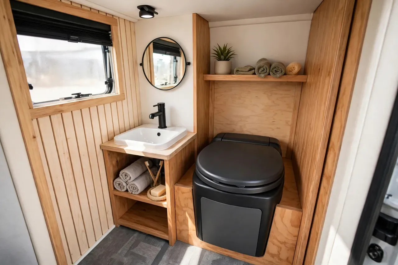 Kleines, ordentliches Bad mit Trenntoilette in einem Camper