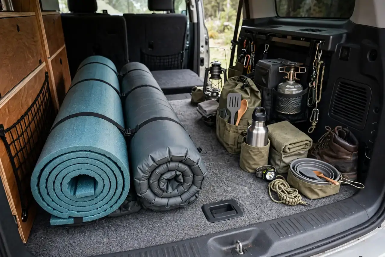 Gerollte Schaumstoffmatte und selbstaufblasende Matte im Kofferraum eines Campers