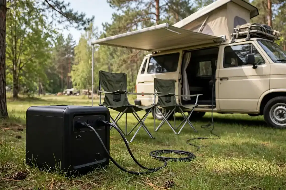 Powerstation steht auf der Wiese neben einem Camper mit Markise und versorgt den Stellplatz mit Strom