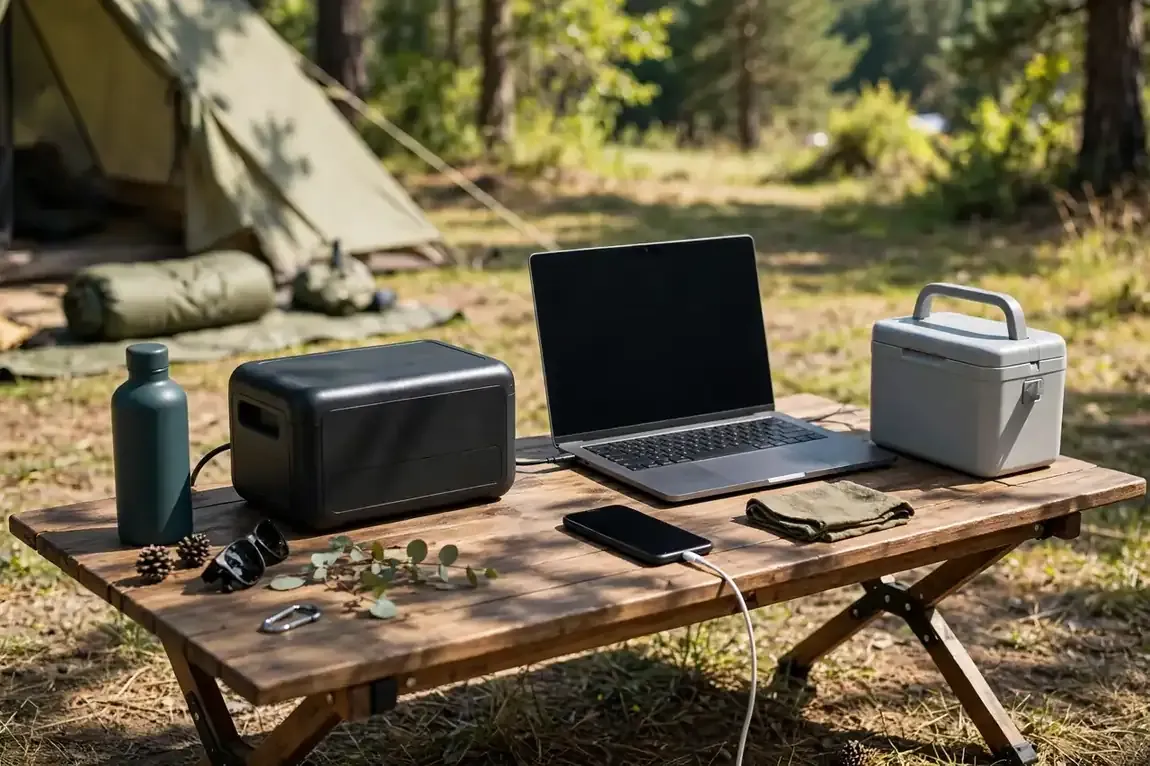 Powerstation auf einem Campingtisch lädt Laptop und Smartphone neben einer kleinen Kühlbox