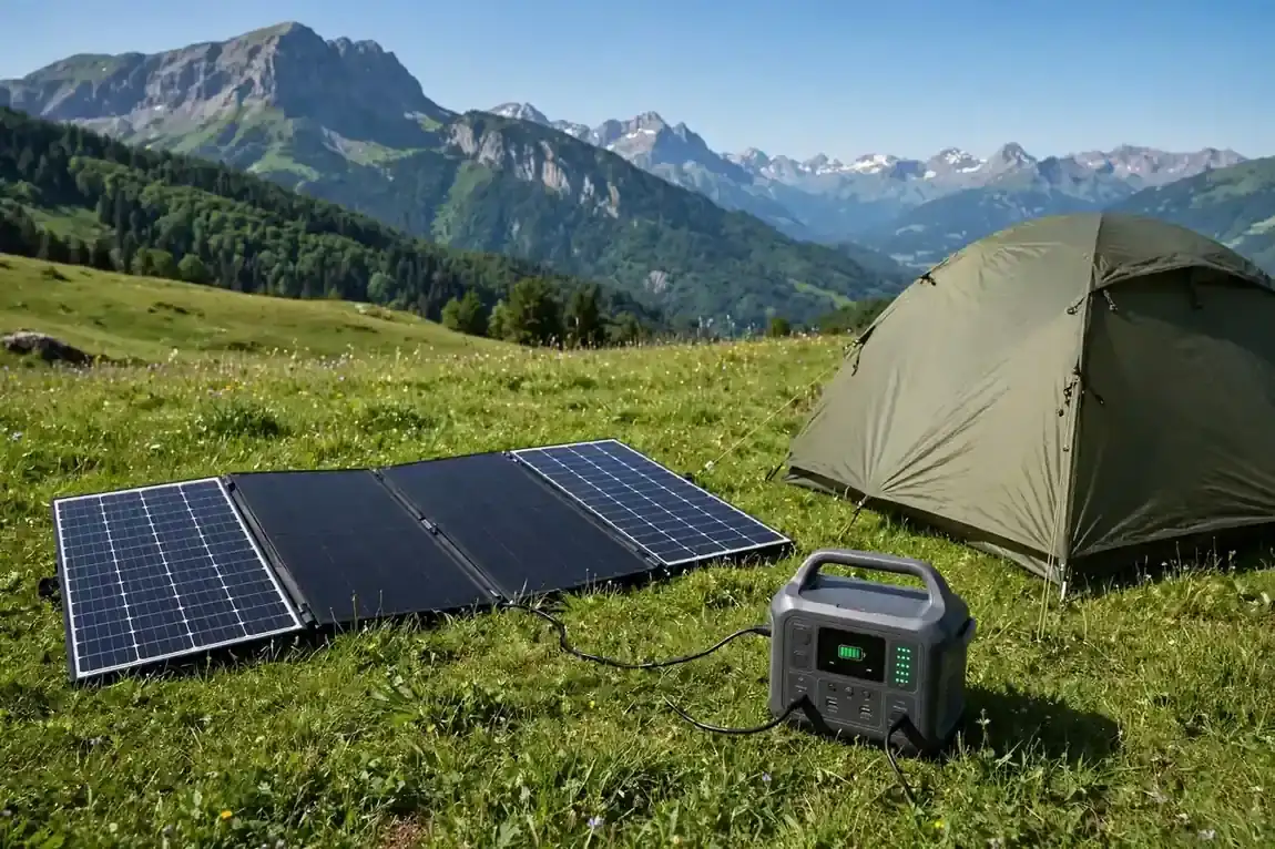 Faltbares Solarpanel lädt eine Powerstation auf einer Bergwiese neben einem Zelt