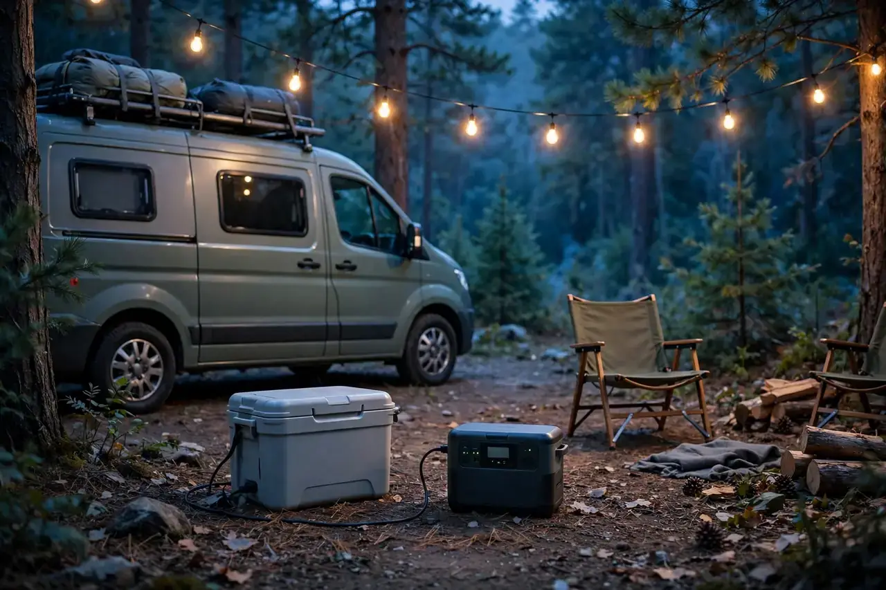 Powerstation versorgt abends am Camper eine Kühlbox und eine Lichterkette im Wald