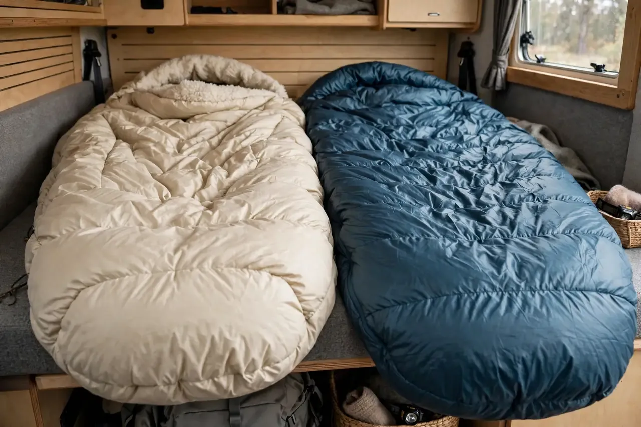 Zwei Schlafsäcke mit Daunen- und Kunstfaserfüllung nebeneinander im Camper