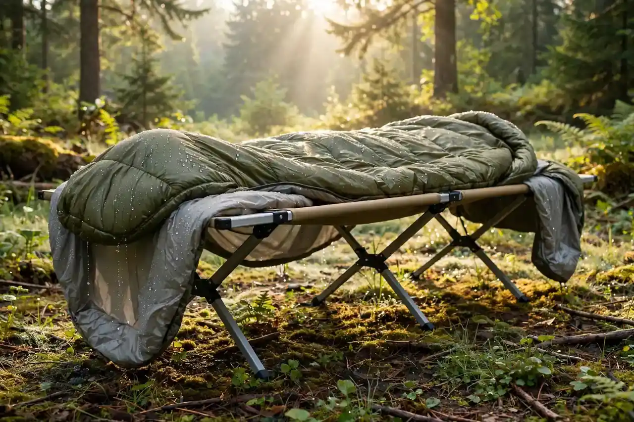 Schlafsack zum Lüften über einer Campingliege an einem sonnigen Morgen