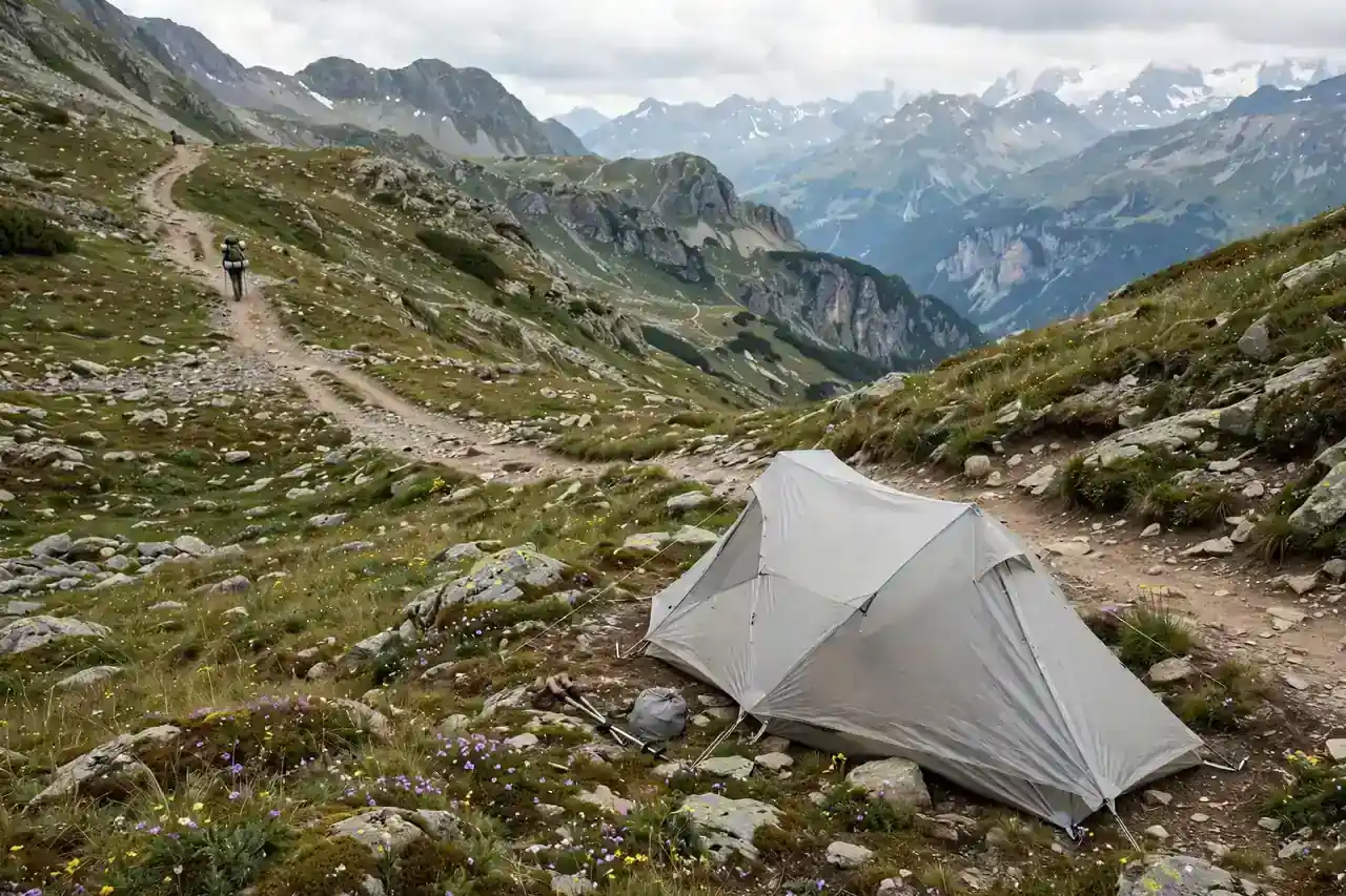 Ultraleichtes Trekkingzelt an einem Bergweg mit Wanderer und Rucksack