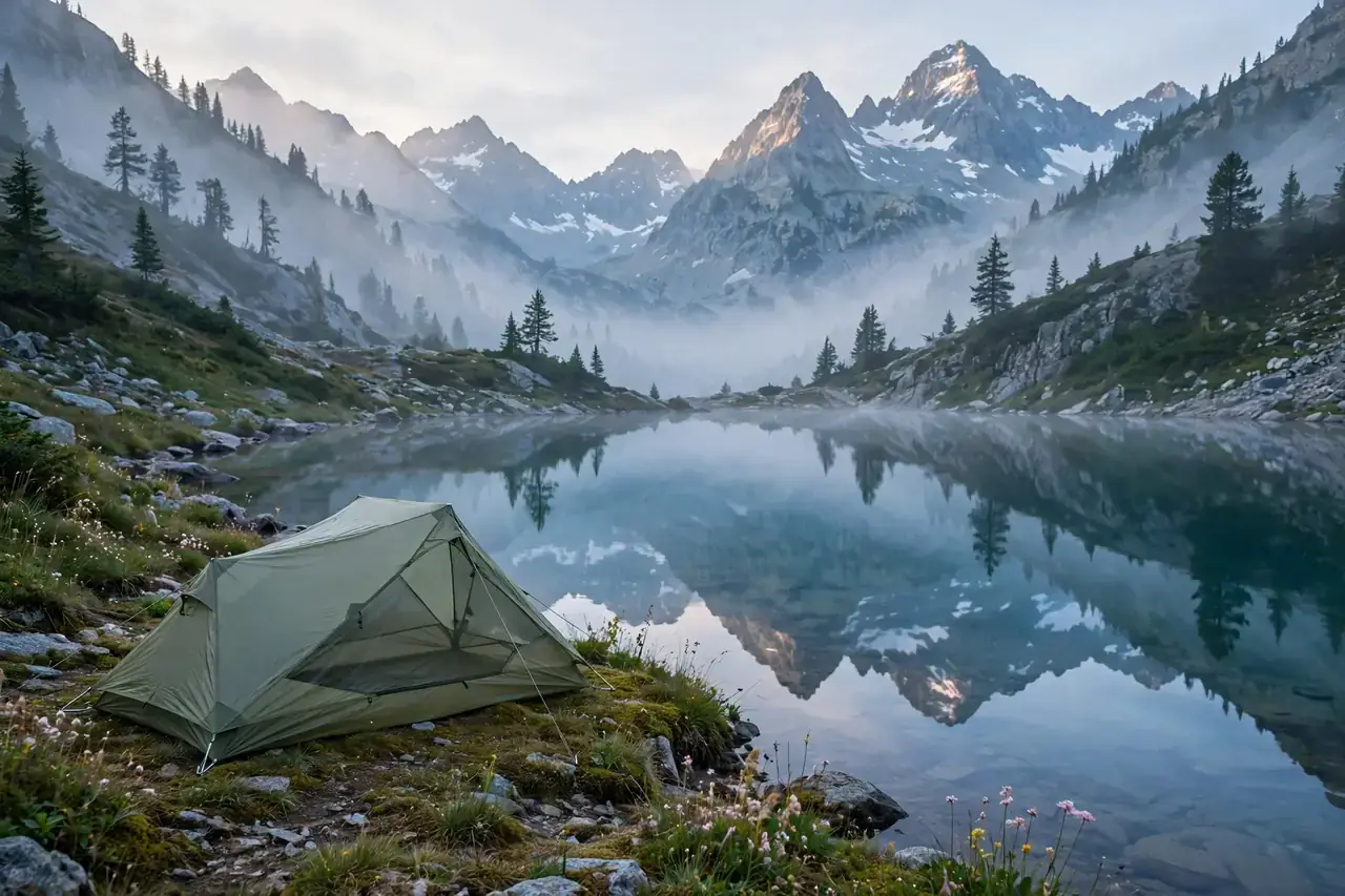 Leichtes Zelt an einem klaren Bergsee im Morgenlicht