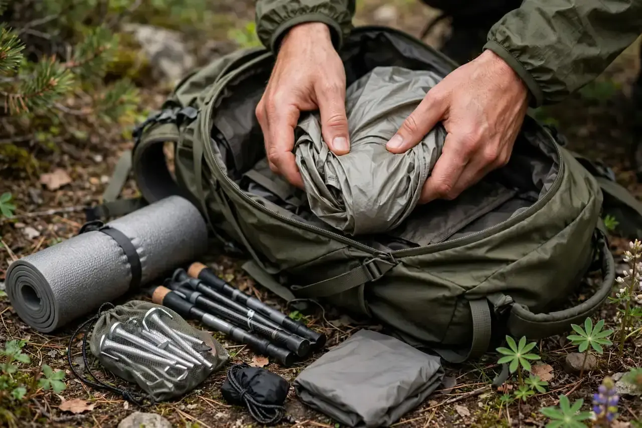 Hände packen ein kompaktes Ultraleicht-Zelt in einen Trekkingrucksack
