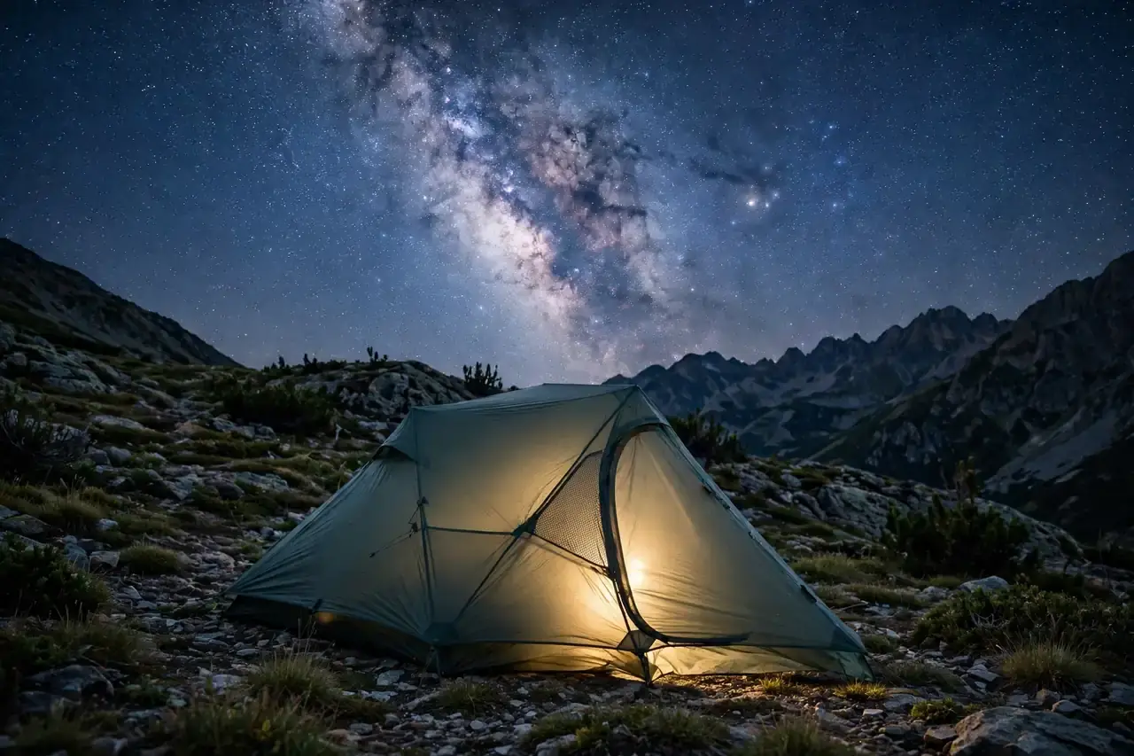 Einzelnes Ultraleicht-Zelt unter Sternenhimmel in den Bergen