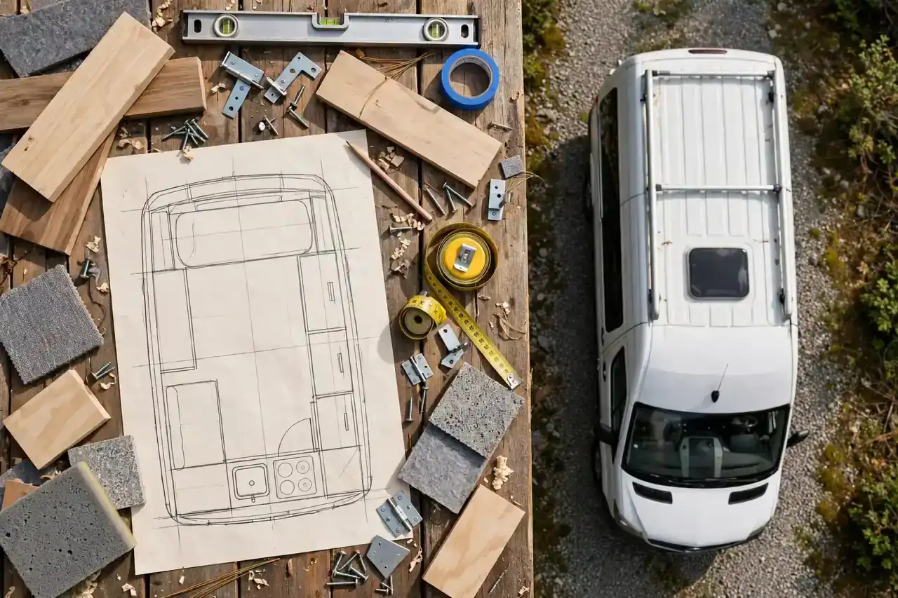 Ausbauplanung am Tisch mit Grundriss-Skizze, Maßband und Materialmustern neben einem Van