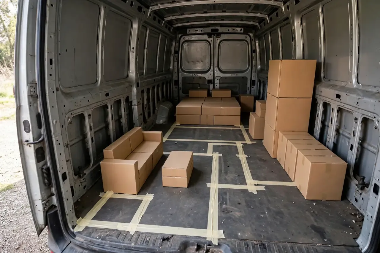 Grundriss mit Malerkrepp auf dem Boden eines leeren Transporters abgeklebt