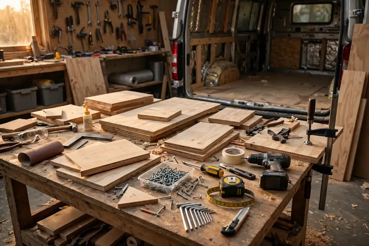Werkbank mit zugeschnittenen Holzplatten, Schrauben und Bauplan für den Van Ausbau