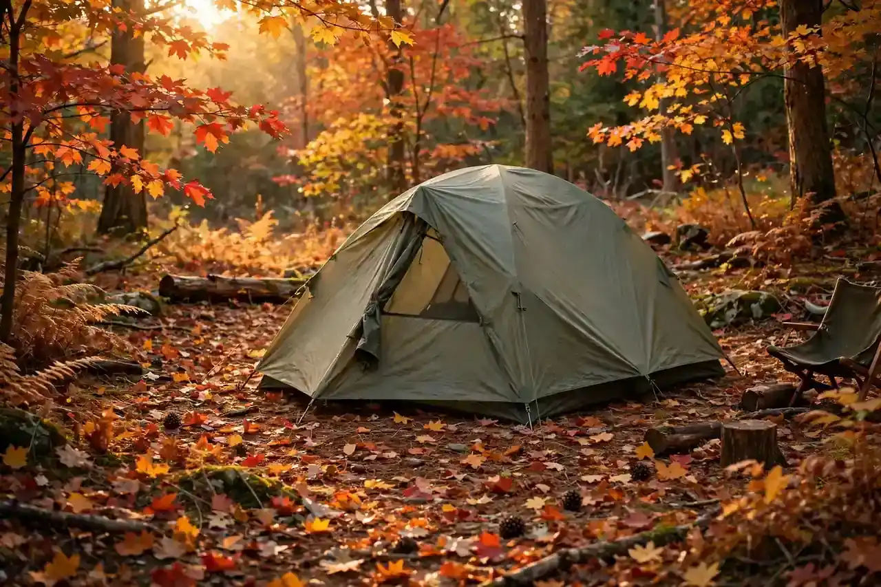 Zelt auf einem herbstlichen Campingplatz mit buntem Laub