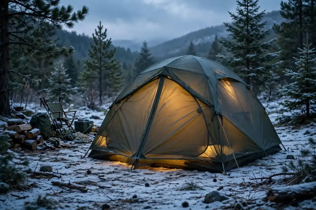 Zelt im leichten Schnee mit warmem Licht in der Abenddämmerung