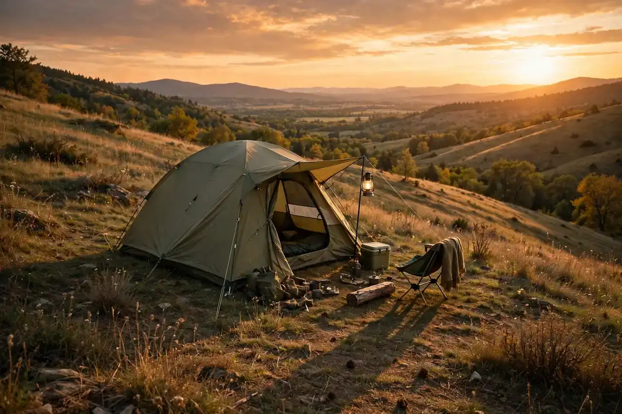 Zelt auf einer Anhöhe bei Sonnenuntergang am Ende des Sommers