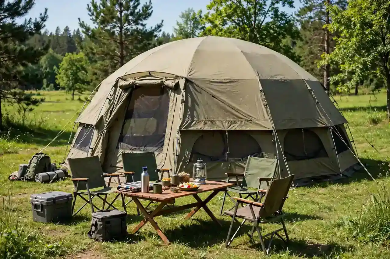 Großes Familien-Kuppelzelt mit Stühlen und Tisch auf einer grünen Wiese