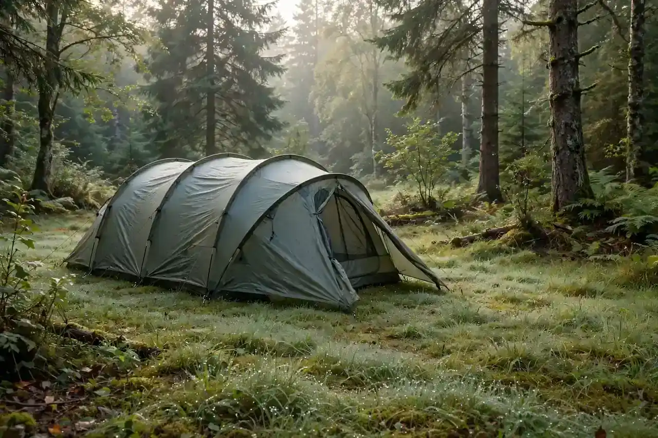 Tunnelzelt auf einer Waldlichtung im Morgenlicht