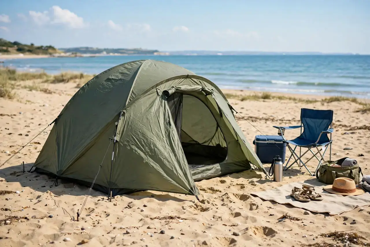 Wurfzelt an einem Sandstrand mit Blick auf das Meer