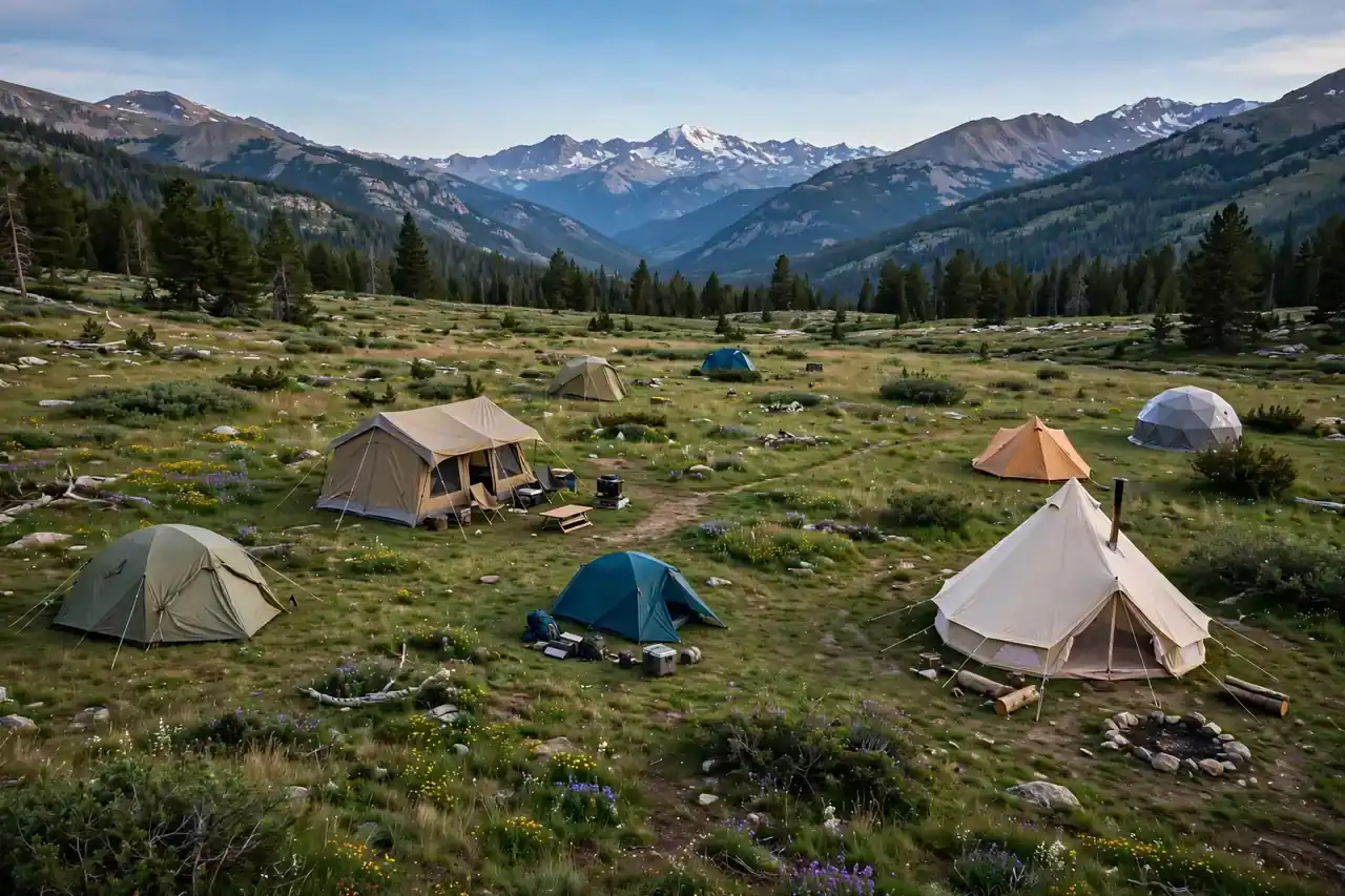 Verschiedene Zeltformen auf einem Campingplatz mit Bergblick