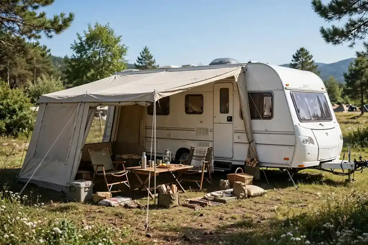Wohnwagen mit großem Vorzelt, Stühlen und Tisch auf einem Campingplatz