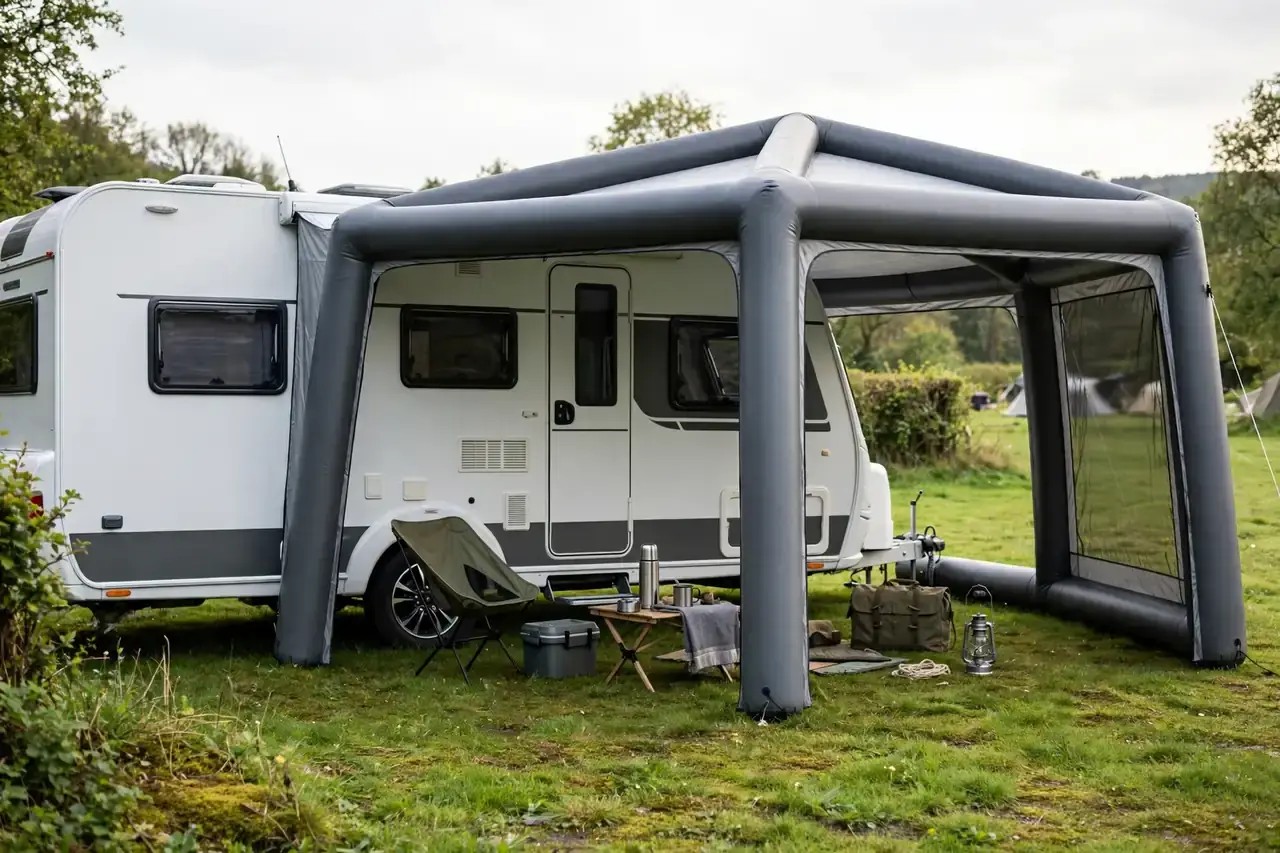 Wohnwagen mit modernem aufblasbarem Luftvorzelt von der Seite
